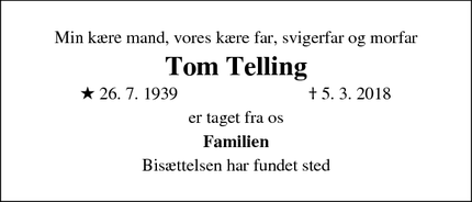 Dødsannoncen for Tom Telling - Allerød