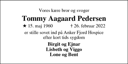 Dødsannoncen for Tommy Aagaard Pedersen - Torsted