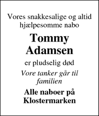 Dødsannoncen for Tommy
Adamsen - Skjern