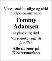Dødsannoncen for Tommy
Adamsen - Skjern