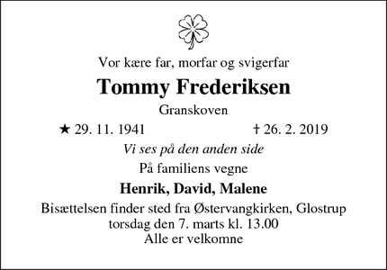 Dødsannoncen for Tommy Frederiksen - Glostrup, Danmark