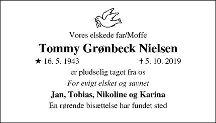Dødsannoncen for Tommy Grønbeck Nielsen - Glostrup 