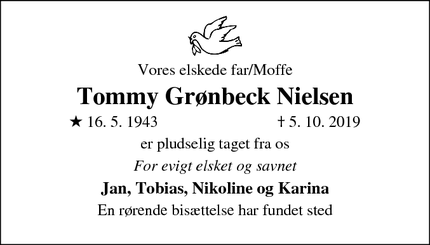 Dødsannoncen for Tommy Grønbeck Nielsen - Glostrup