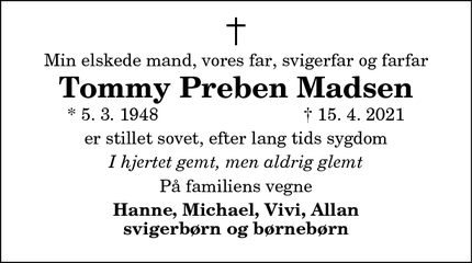 Dødsannoncen for Tommy Preben Madsen - Løgstør