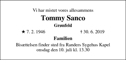 Dødsannoncen for Tommy Sanco - 8400 Ebeltoft 