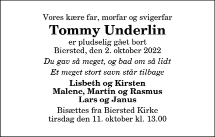 Dødsannoncen for Tommy Underlin - Biersted