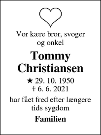 Dødsannoncen for Tommy
Christiansen - Fredericia