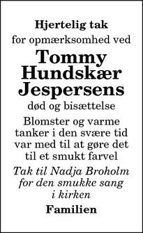 Taksigelsen for Tommy
Hundskær
Jespersens - Thisted