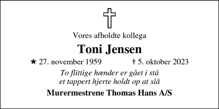 Dødsannoncen for Toni Jensen - Bevtoft