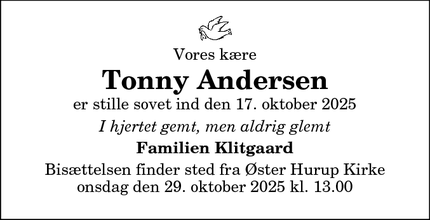 Dødsannoncen for Tonny Andersen - Øster Hurup