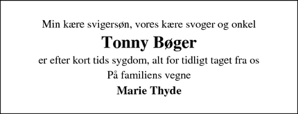 Dødsannoncen for Tonny Bøger - Viborg