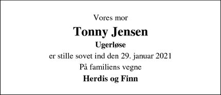 Dødsannoncen for Tonny Jensen - Ugerløse