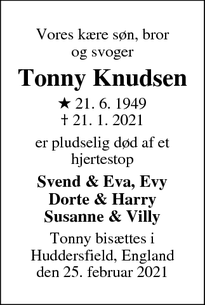 Dødsannoncen for Tonny Knudsen - Hillerød