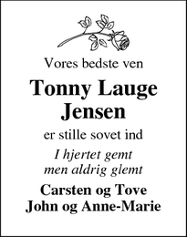 Dødsannoncen for Tonny Lauge Jensen - skive