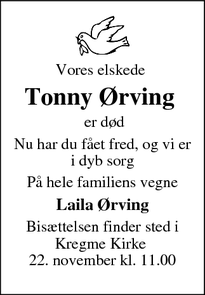 Dødsannoncen for Tonny Ørving  - Ølsted