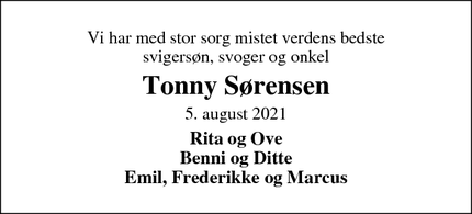 Dødsannoncen for Tonny Sørensen - Sørup