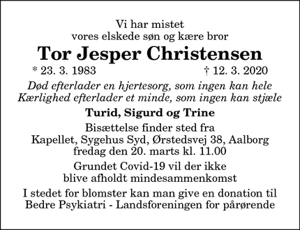 Dødsannoncen for Tor Jesper Christensen - Aalborg