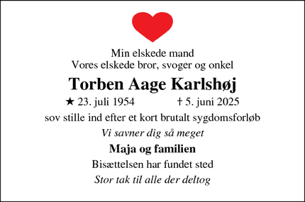 Dødsannoncen for Torben Aage Karlshøj - Køge