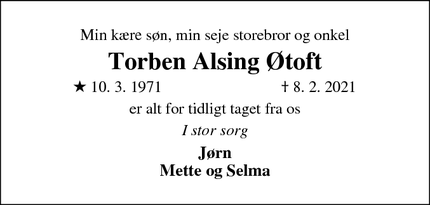 Dødsannoncen for Torben Alsing Øtoft - Strøby