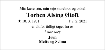 Dødsannoncen for Torben Alsing Øtoft - Strøby