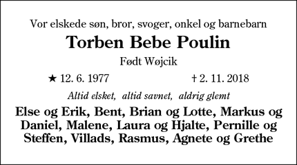 Dødsannoncen for Torben Bebe Poulin - Elstrup