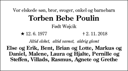 Dødsannoncen for Torben Bebe Poulin - Elstrup