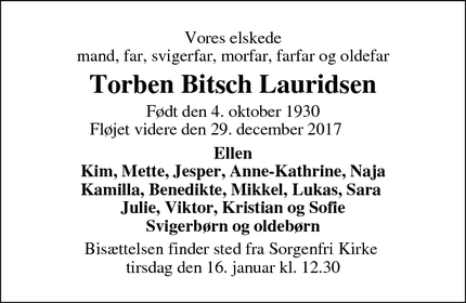 Dødsannoncen for Torben Bitsch Lauridsen - Virum, Danmark
