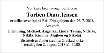 Dødsannoncen for Torben Dam Jensen - Riis, 7323 Give