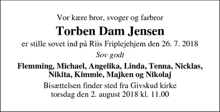 Dødsannoncen for Torben Dam Jensen - Riis, 7323 Give