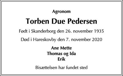 Dødsannoncen for Torben Due Pedersen - Hareskovby