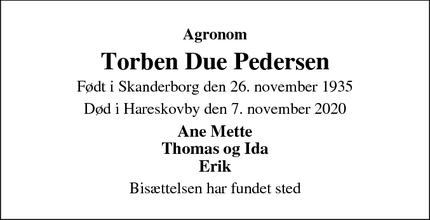 Dødsannoncen for Torben Due Pedersen - Hareskovby