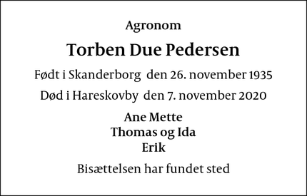 Dødsannoncen for Torben Due Pedersen - Hareskovby