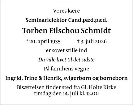Dødsannoncen for Torben Eilschou Schmidt - Virum