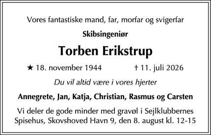 Dødsannoncen for Torben Erikstrup - Kokkedal
