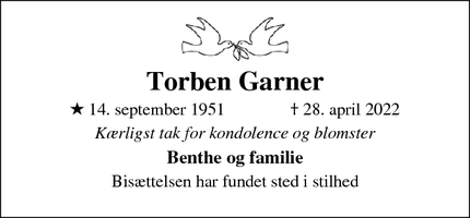 Dødsannoncen for Torben Garner - Glostrup