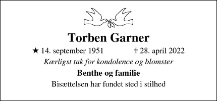 Dødsannoncen for Torben Garner - Glostrup
