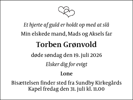 Dødsannoncen for Torben Gr&oslash;nvold - Amager