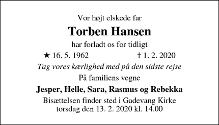 Dødsannoncen for Torben Hansen - Hillerød