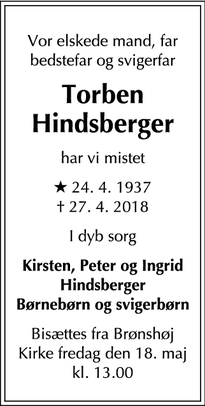 Dødsannoncen for Torben Hindsberger - Brønshøj