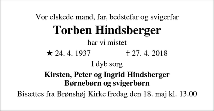 Dødsannoncen for Torben Hindsberger - Brønshøj