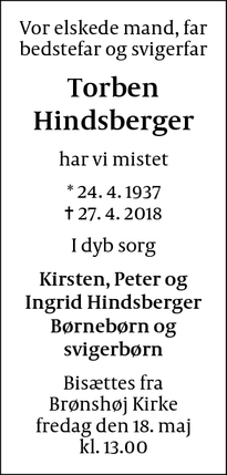 Dødsannoncen for Torben Hindsberger - Brønshøj