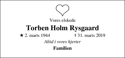 Dødsannoncen for Torben Holm Rysgaard - Lillerød