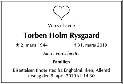 Dødsannoncen for Torben Holm Rysgaard - Lillerød