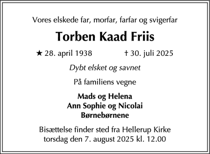 Dødsannoncen for Torben Kaad Friis - Hellerup