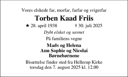 Dødsannoncen for Torben Kaad Friis - Hellerup