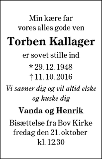 Dødsannoncen for Torben Kallager - Starup