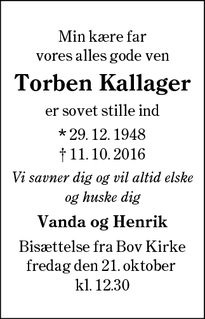 Dødsannoncen for Torben Kallager - Starup