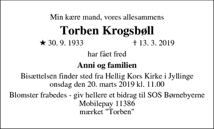 Dødsannoncen for Torben Krogsbøll - Jyllinge