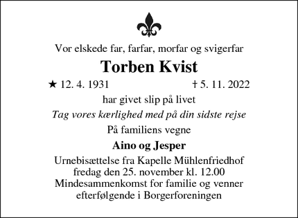 Dødsannoncen for Torben Kvist - Viby J