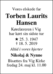 Dødsannoncen for Torben Laurits Hansen - København N